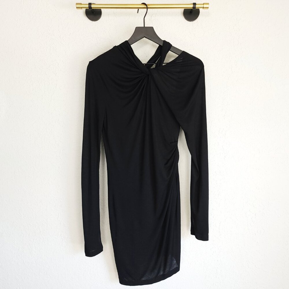 Helmut Lang M Black Viscose Jersey Twisted Asymmetrical Cutout Mini Dress NWT